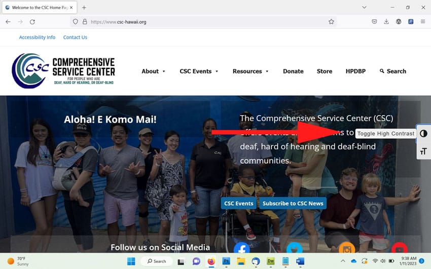 Screenshot of CSC home page with Toggle High Contrast button highlighted